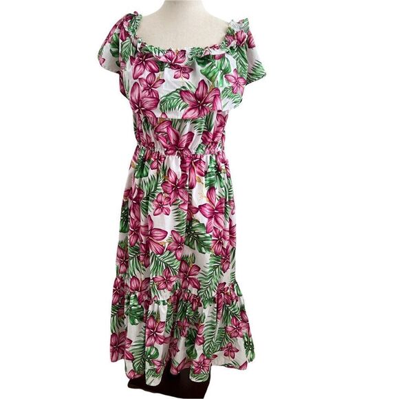 Crown & Ivy Tropical Floral On or Off the Shoulder Cotton Midi Dress Ruffles M - Picture 1 of 6
